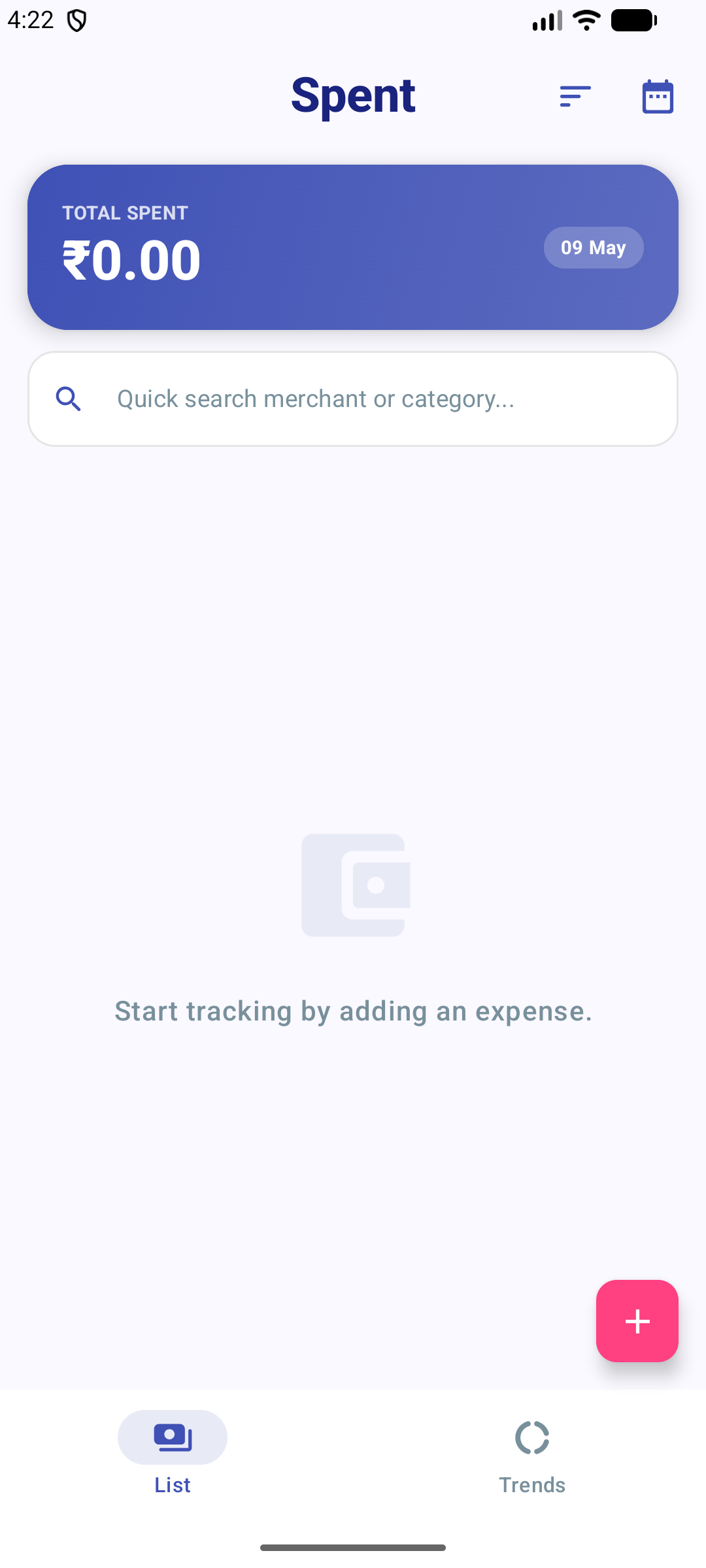 Spent app home screen